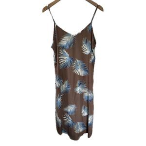 Papermoon Hawaiian Tropical Palm Leaves Mocha Midi Side Slits Slip Dress L